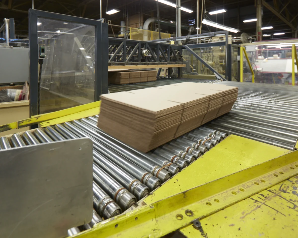Sheets of corrugated cardboard on a production line