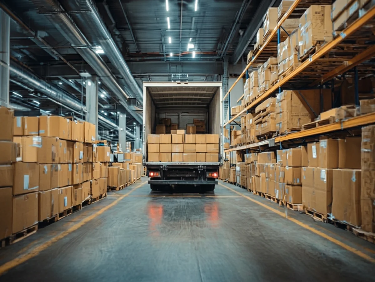 Warehouse aisle with stacks of corrugated boxes on pallets