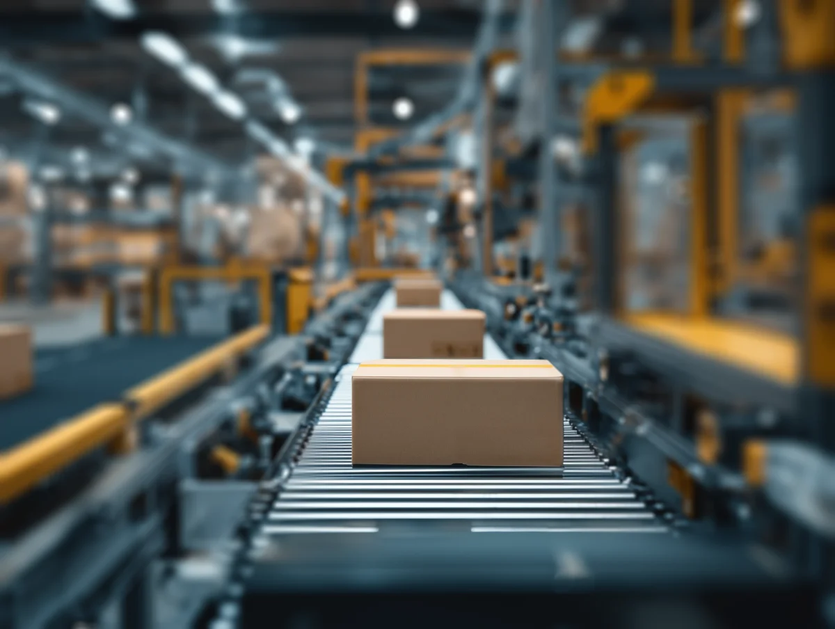 Boxes moving along an automated conveyor line